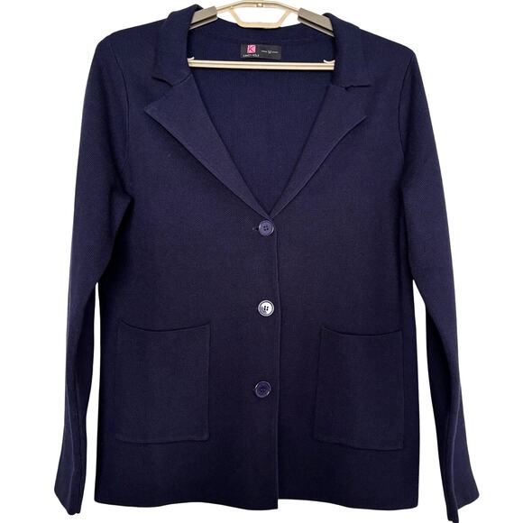 Kancy Kole Navy Blue Sweater Blazer Medium 3-button pockets collar *small flaw - Picture 1 of 9